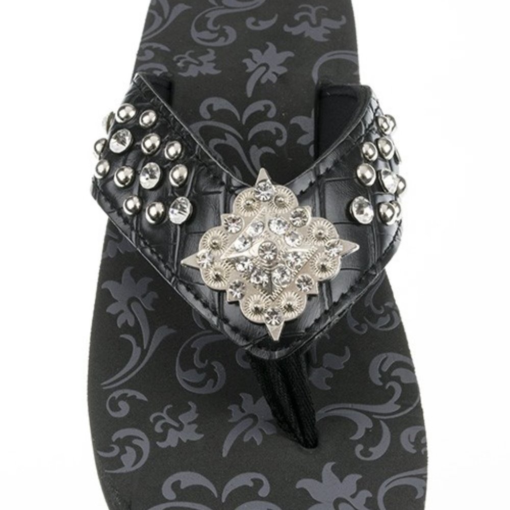 Rhinestone Black Wedge Flip Flops